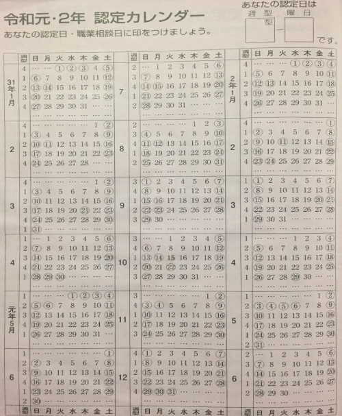 令和元年・二年の失業認定カレンダー